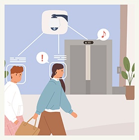 顔認証などで個人を認識しエレベーター運転や空調・照明が1人1人に最適化されだれもが快適なオフィスに